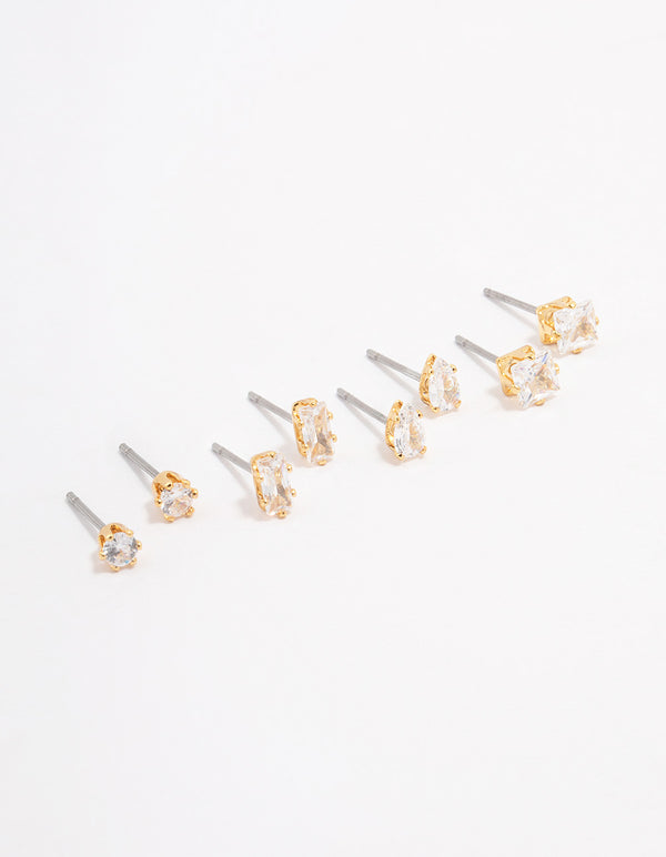 Gold Plated Cubic Zirconia Stud Earring 4-Pack