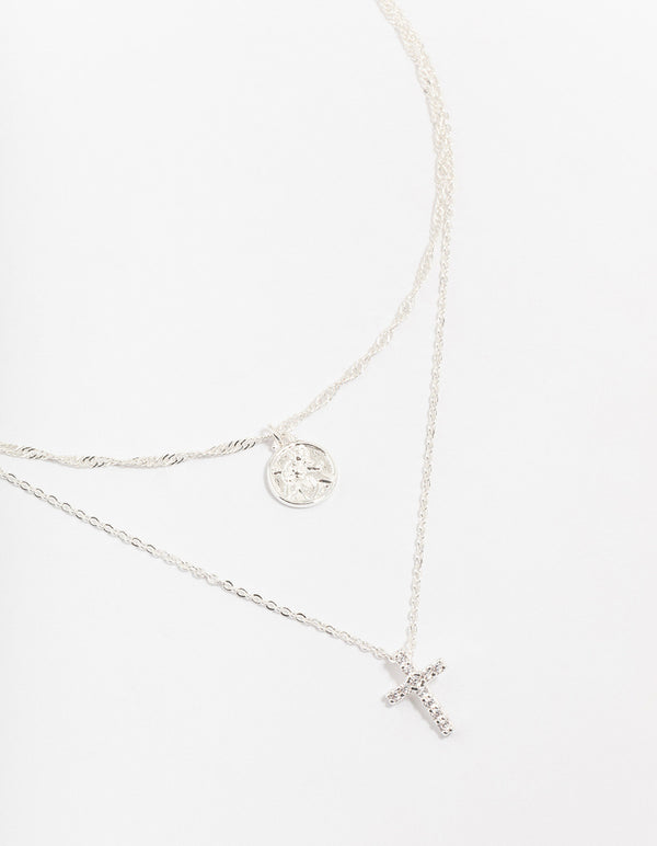 Silver Plated Cubic Zirconia Cross Coin Layered Necklace