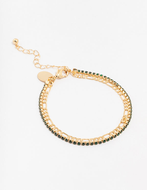 Gold Plated Brass Double Chain & Crystal Bracelet