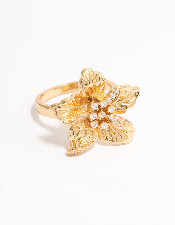 Gold Plated Cubic Zirconia Bling Flower Ring