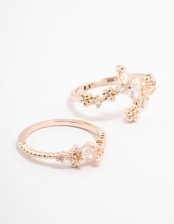 Rose Gold Plated Floral Stone Stacking Ring Pack