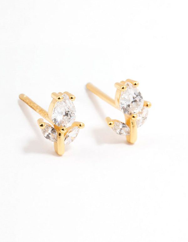 Gold Plated Sterling Silver Cubic Zirconia Flower Stem Stud Earrings