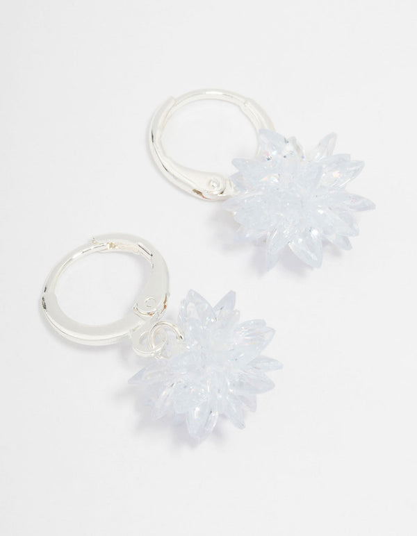 Silver Cubic Zirconia Spike Flower Huggie Hoop Earrings