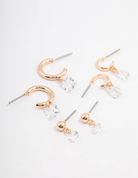 Gold Cubic Zirconia Diamante Stud & Hoop Earring 3-Pack - link has visual effect only