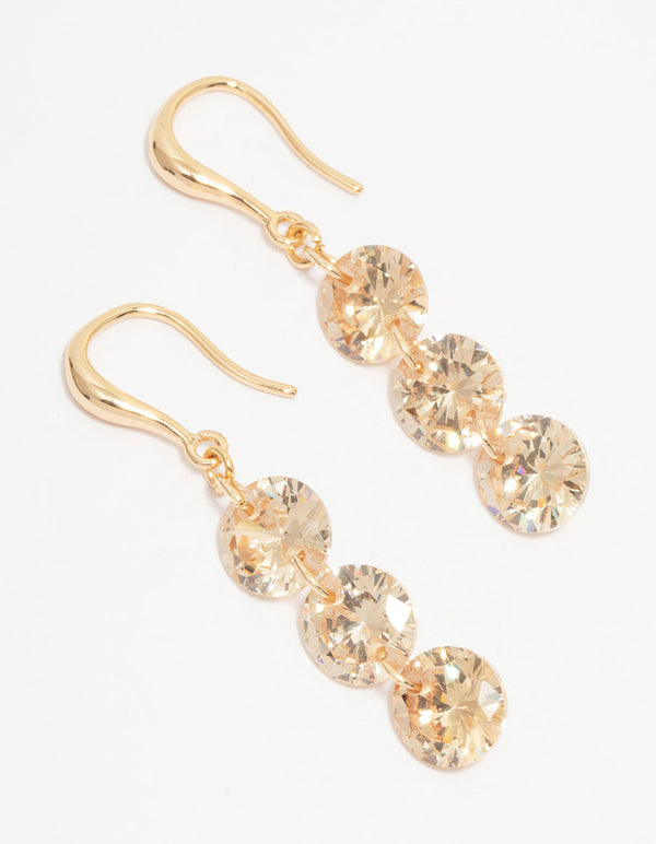 Gold Cubic Zirconia Triple Row Hook Earrings