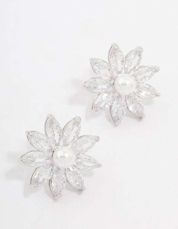 Silver Cubic Zirconia Flower & Pearl Stud Earrings