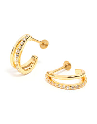 Gold Plated Surgical Steel Double Cubic Zirconia Hoop Flat Back 2-Pack - link has visual effect only