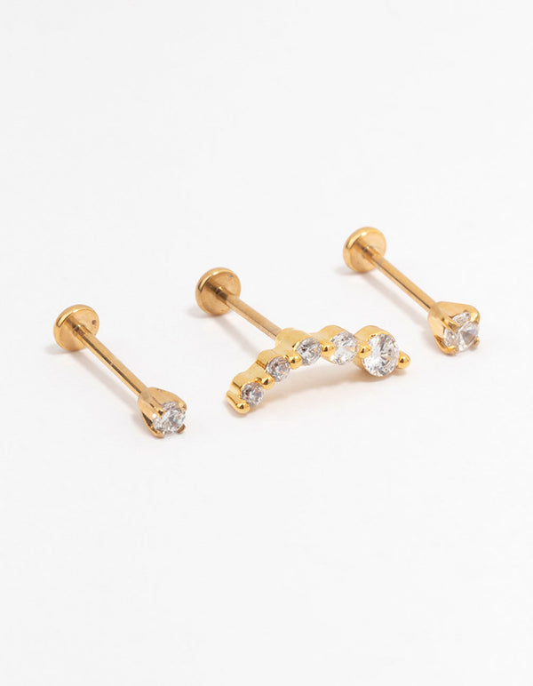 Gold Plated Surgical Steel Cubic Zirconia Crawler Flat Backs 3-Pack