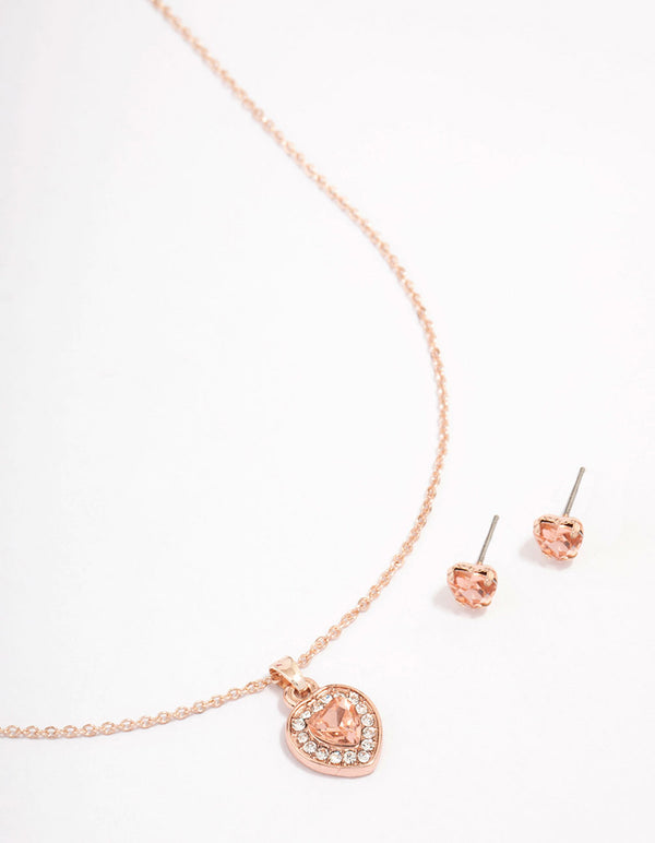 Rose Gold Heart Diamante Halo Jewellery Set