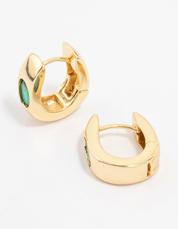 Gold Plated Cubic Zirconia Emerald Oval Classic Hoop Earrings