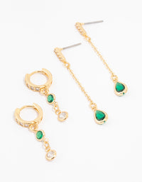 Gold Plated Cubic Zirconia Emerald Round & Pear Earrings 2-Pack - link has visual effect only