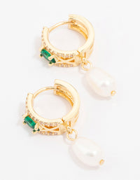 Gold Plated Cubic Zirconia Emerald Marquise & Freshwater Pearl Huggie Earrings - link has visual effect only