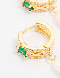 Gold Plated Cubic Zirconia Emerald Marquise & Freshwater Pearl Huggie Earrings - link has visual effect only
