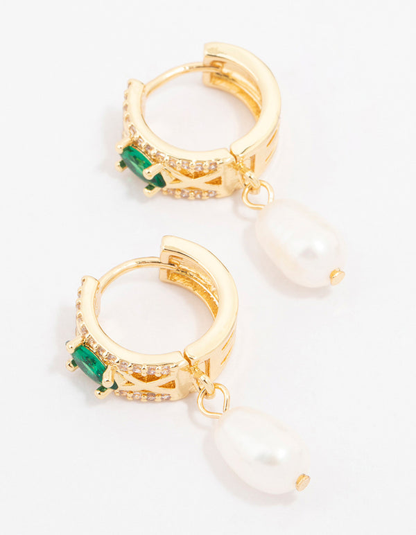 Gold Plated Cubic Zirconia Emerald Marquise & Freshwater Pearl Huggie Earrings