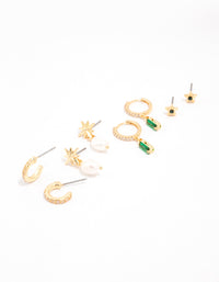 Gold Plated Cubic Zirconia Emerald Baguette Celestial Earrings 4-Pack - link has visual effect only