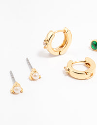 Gold Plated Emerald Stone & Pearl Earrings 4-Pack - link has visual effect only