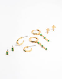 Gold Plated Emerald Cross & Round Drop Earrings 4-Pack - link has visual effect only