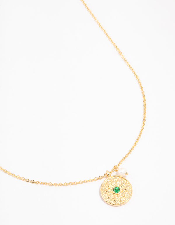 Gold Plated Emerald Coin & Freshwater Pearl Necklace