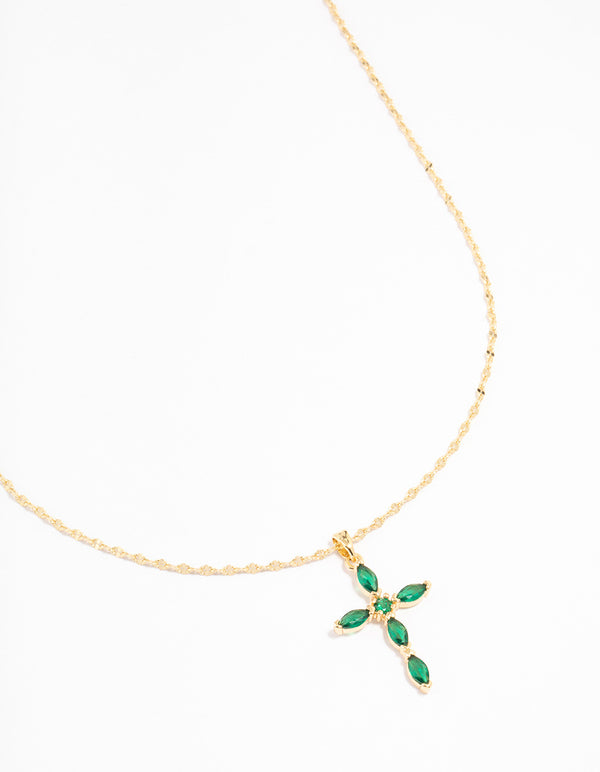 Gold Plated Cubic Zirconia Emerald Marquise Cross Necklace