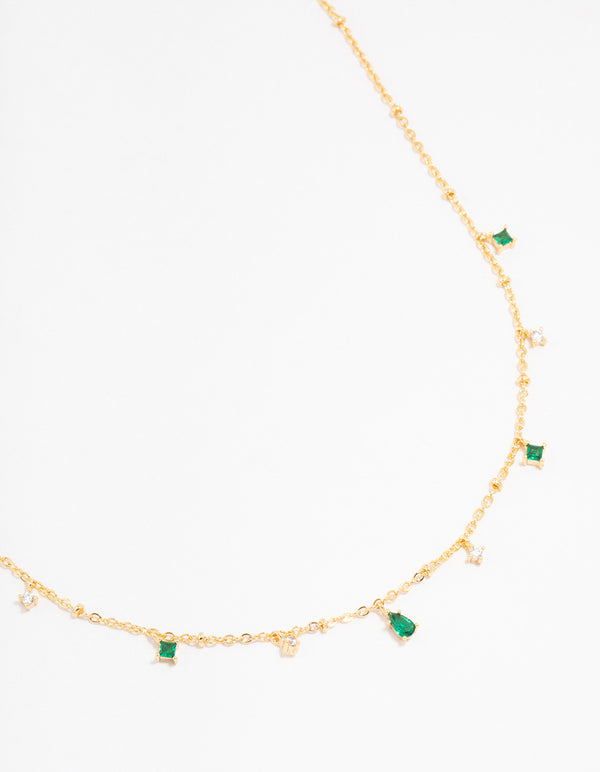 Gold Plated Cubic Zirconia Emerald Pear Dainty Station Necklace