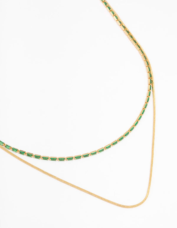 Gold Plated Cubic Zirconia Emerald Baguette Dainty Layered Necklace