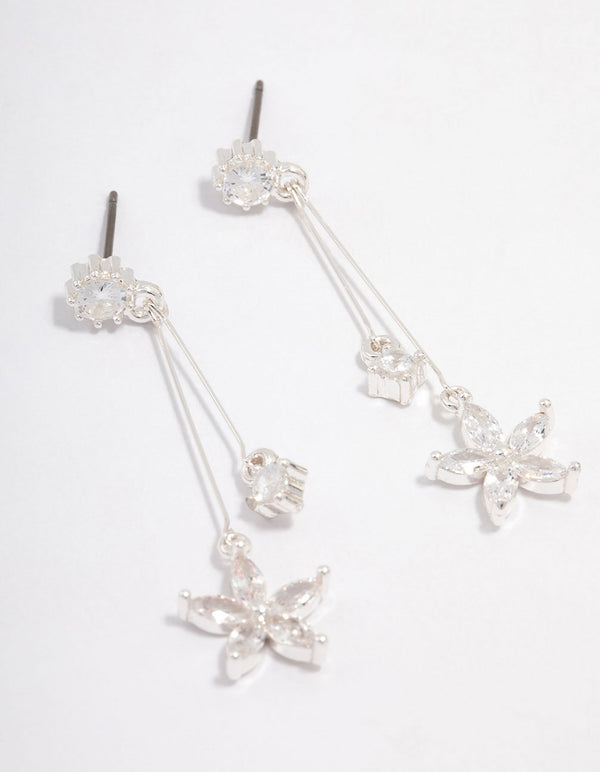 Silver Cubic Zirconia Flower Waterfall Drop Earrings