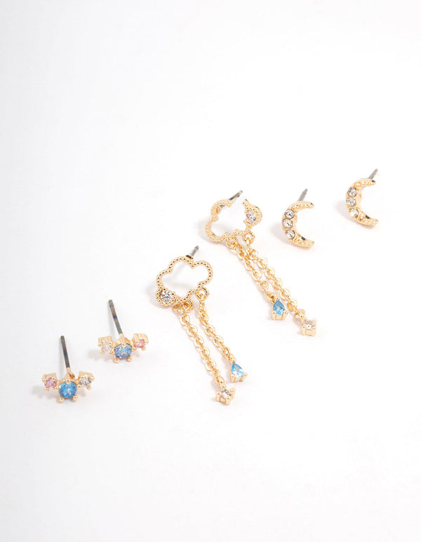 Gold Cubic Zirconia Moon & Star Mixed Earring 3-Pack