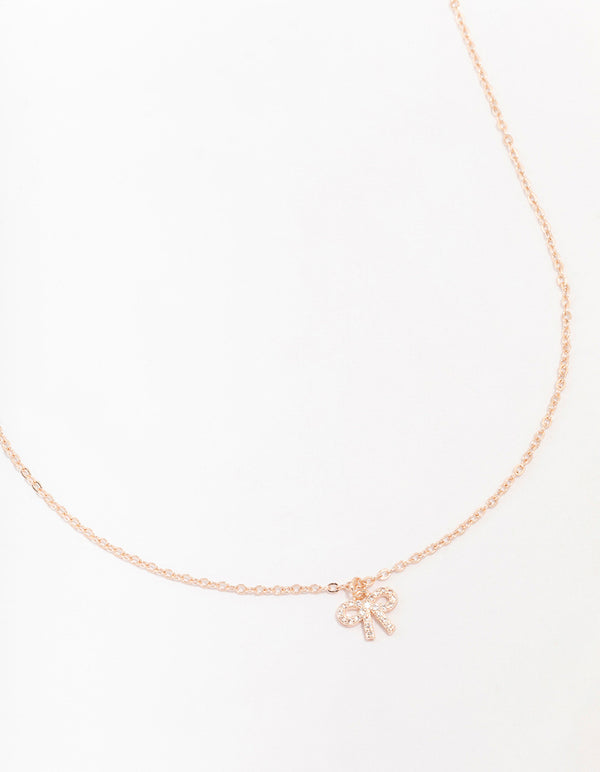 Rose Gold Cubic Zirconia Diamante Bow Pendant Necklace