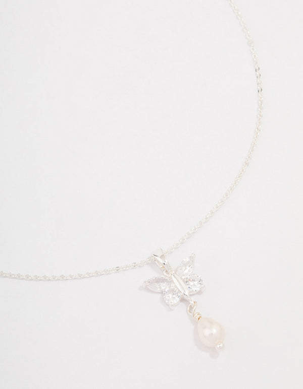 Silver Cubic Zirconia Flower Pearl Pendant Necklace