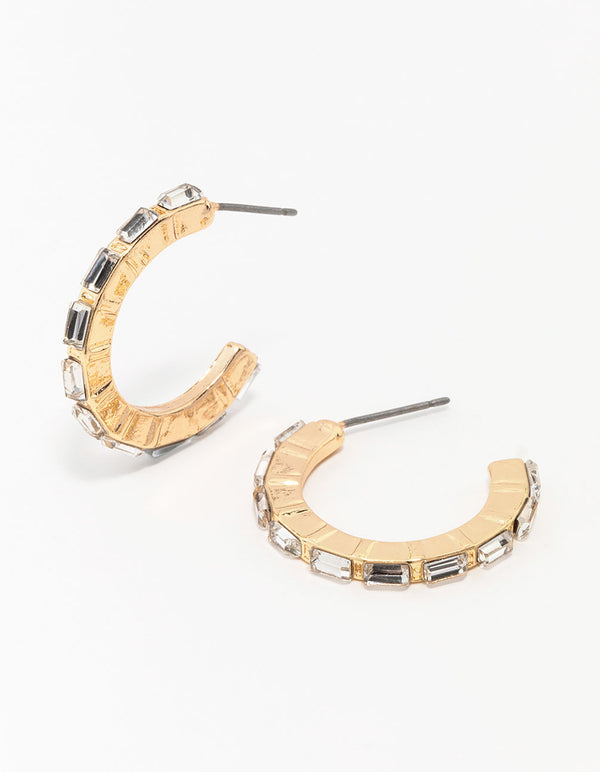 Gold Diamante Encased Baguette Hoop Earrings