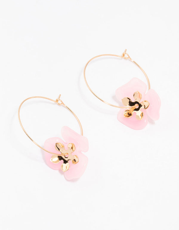 Gold Large Pink Flower Wire Hoop Earrings