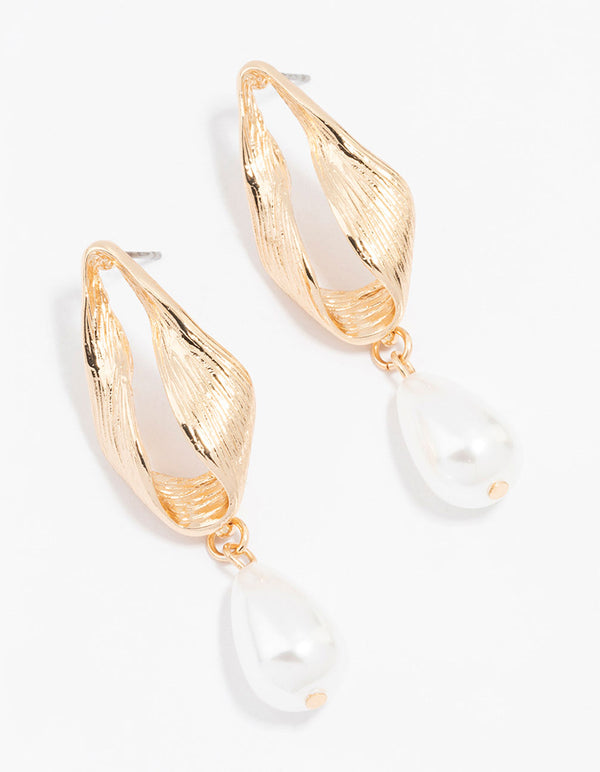 Gold Oval Pearl Drop Earrings