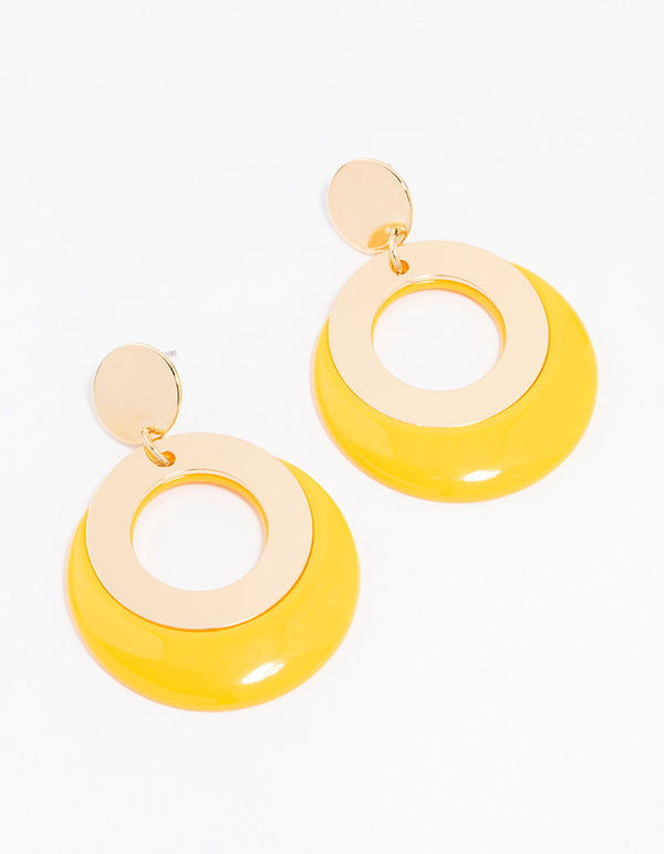 Yellow Gold  Acrylic Disc And Circle Drop Earrings