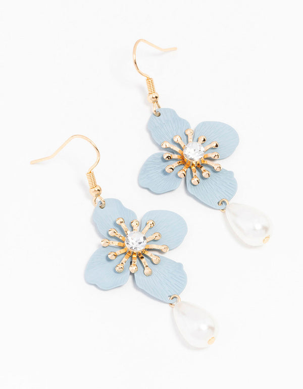 Gold Blue Teardrop Pearl Flower Drop Earrings