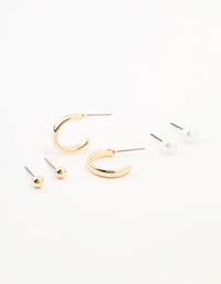 Gold Pearl Stud And Hoop Earrings 3-Pack - link has visual effect only