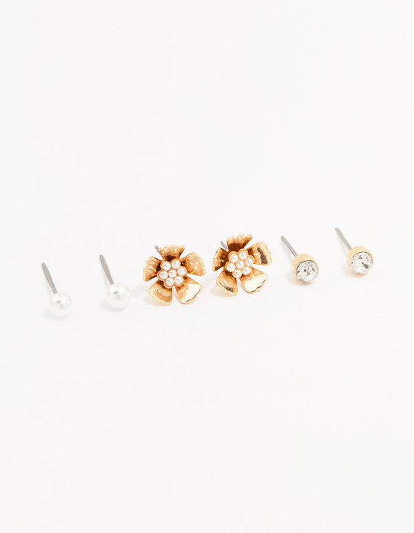 Gold Pearl Flower Stud Earrings 3-Pack