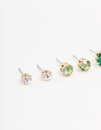 Gold Green Multi Diamante Stud Earrings 3-Pack - link has visual effect only