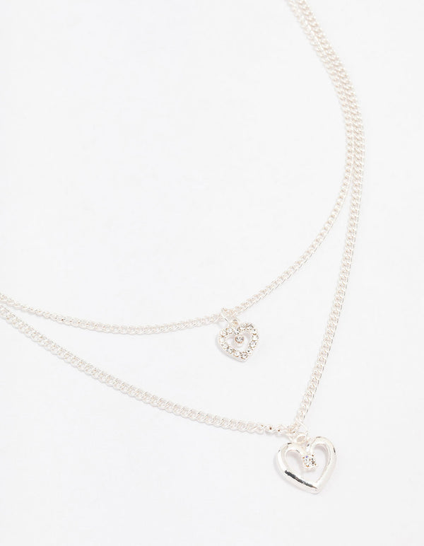 Silver Double Chain Heart Diamante Necklace