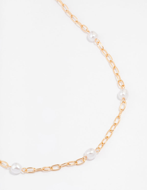 Gold Chain Pearl Station Necklace