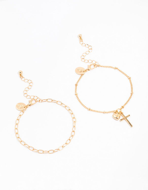 Gold Chain Cross & Heart Bracelets 2-Pack