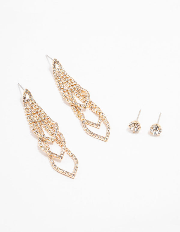 Gold Diamante Studs & Oval Dangly Earrings 2-Pack