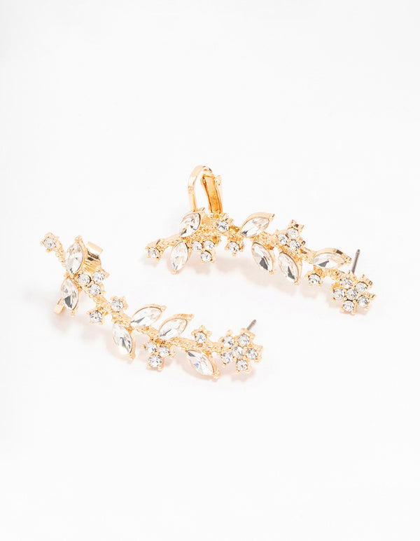 Gold Diamante Flower Leaf Cuff Earrings