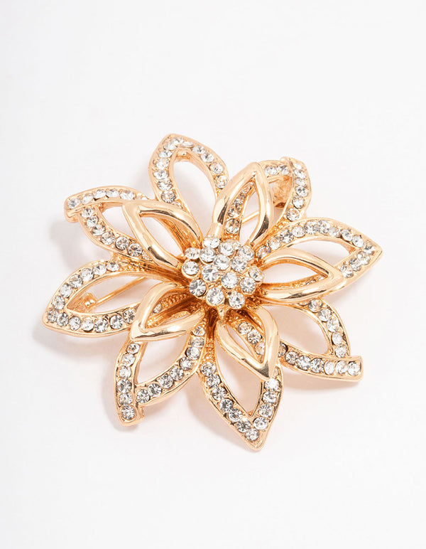 Gold Diamante Flower Outline Brooch