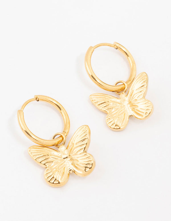 Waterproof Gold Plated Stainless Steel Butterfly Charm Hoop Earrings