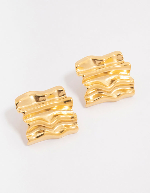 Waterproof Gold Plated Stainless Steel Square Textured Stud Earrings