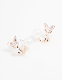 Rose Gold Plated Cubic Zirconia Double Pearl Butterfly Jack Earrings - link has visual effect only