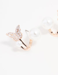 Rose Gold Plated Cubic Zirconia Double Pearl Butterfly Jack Earrings - link has visual effect only