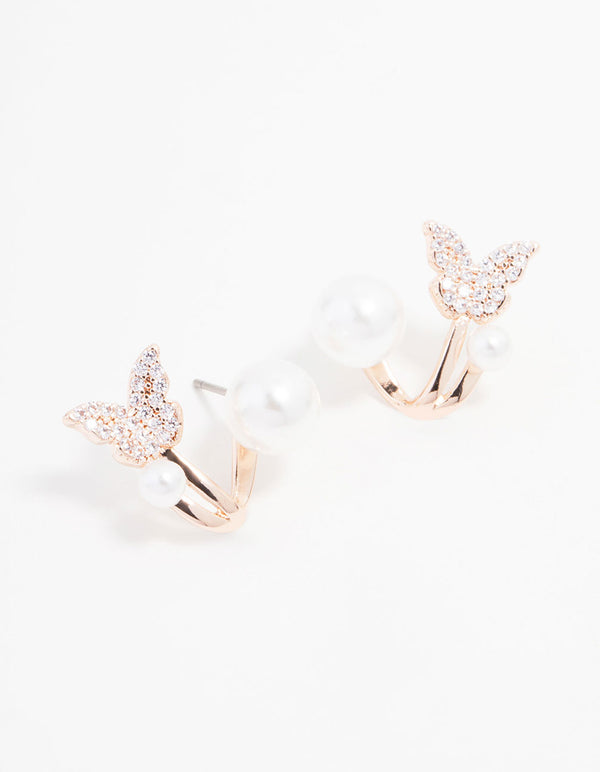 Rose Gold Plated Cubic Zirconia Double Pearl Butterfly Jack Earrings