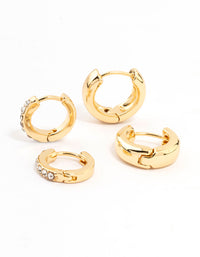 Gold Plated Diamante & Plain Huggie Earrings 2-Pack - link has visual effect only