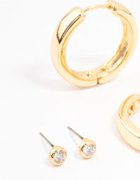 Gold Plated Cubic Zirconia Stud & Large Hoop Earrings 2-Pack - link has visual effect only